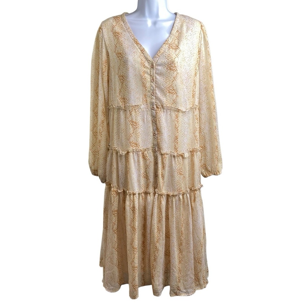 MOON RIVER Women's Yellow Snakeskin Tiered Midi Dress Size M Cottagecore Boho